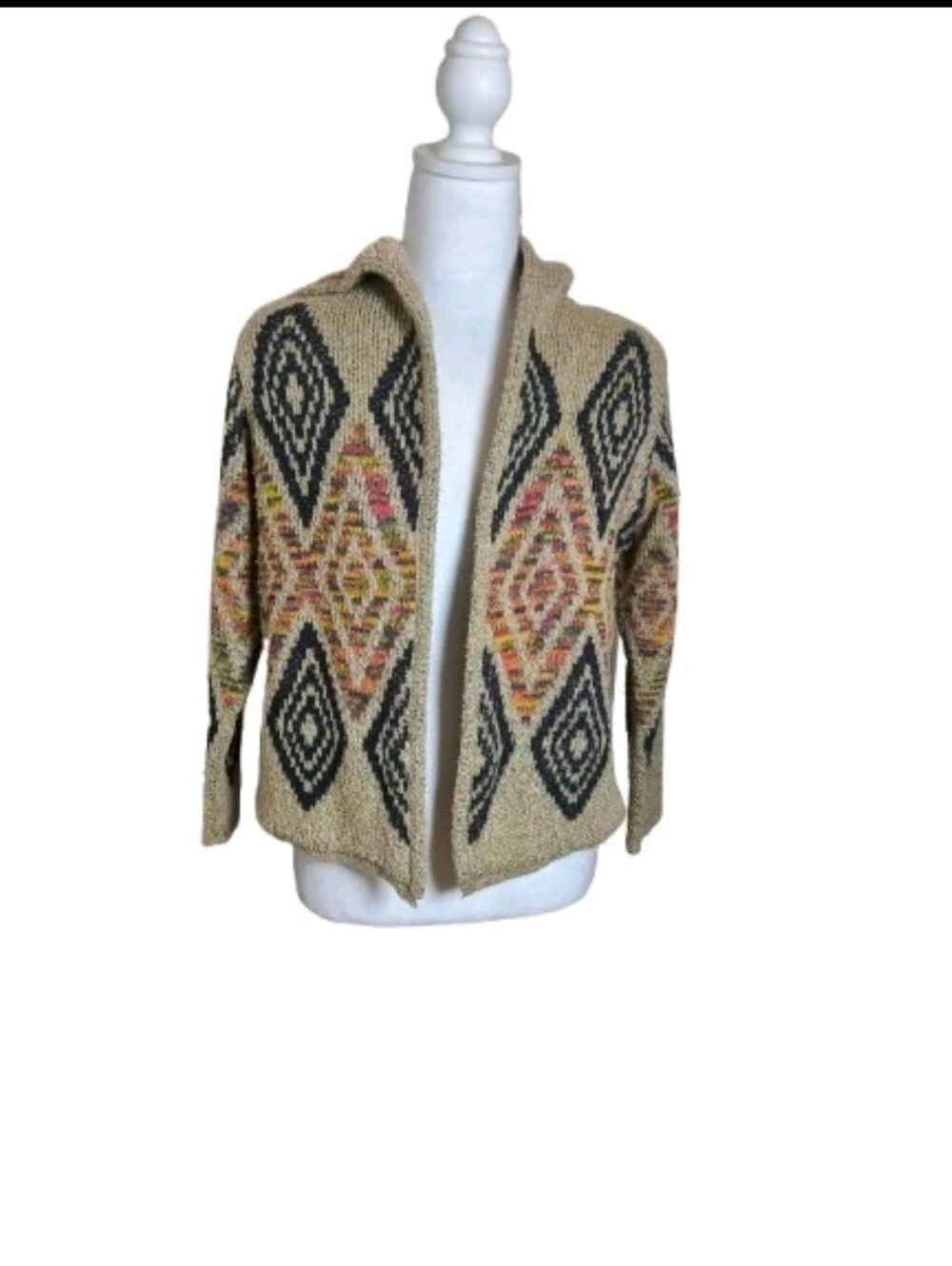 Hooded Cardigan S/M Southwestern Geometric Knit Boho Open Front Sweater